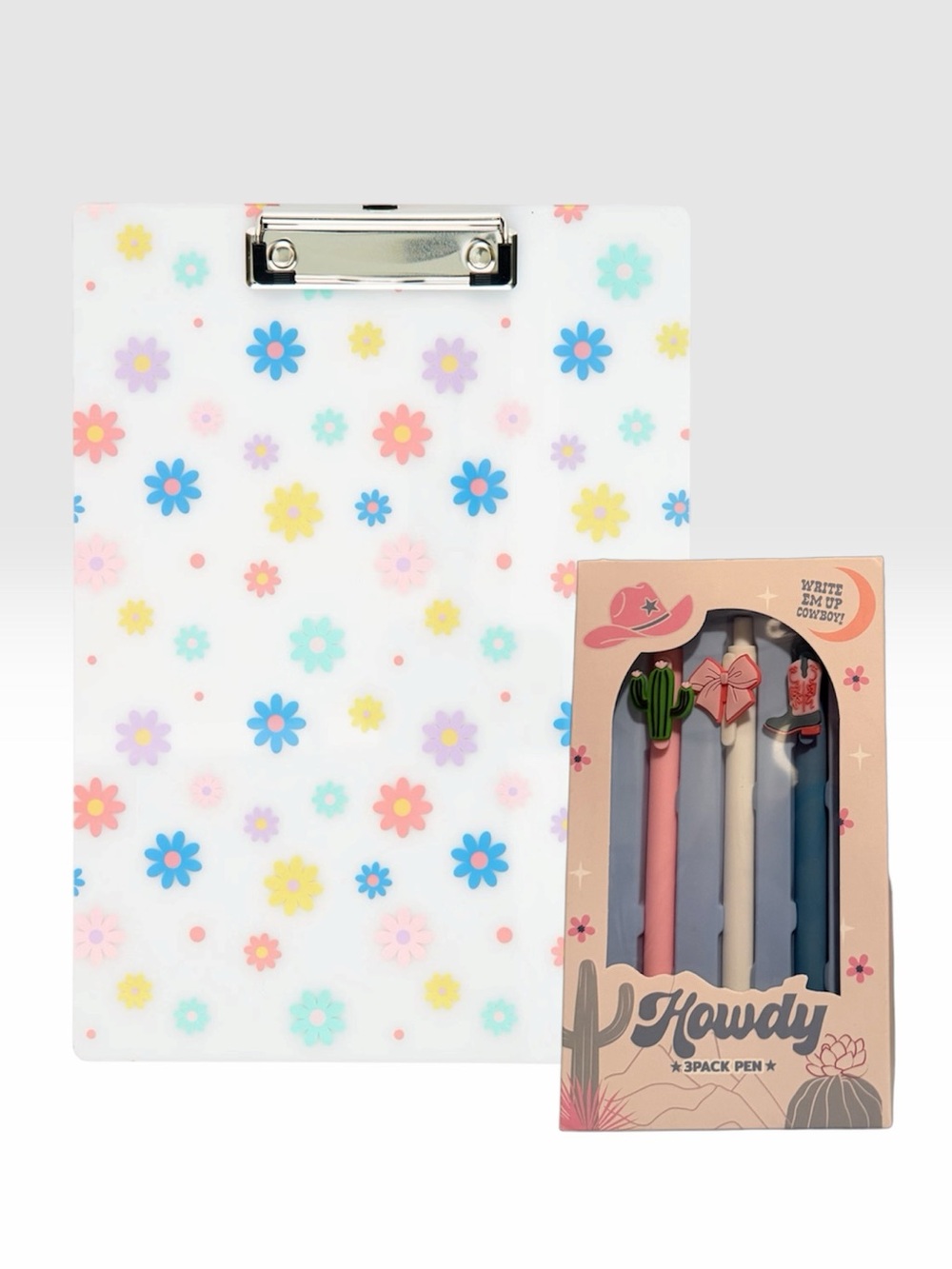 Floral Clear Clipboard with Pastel Cowgirl Pen Set